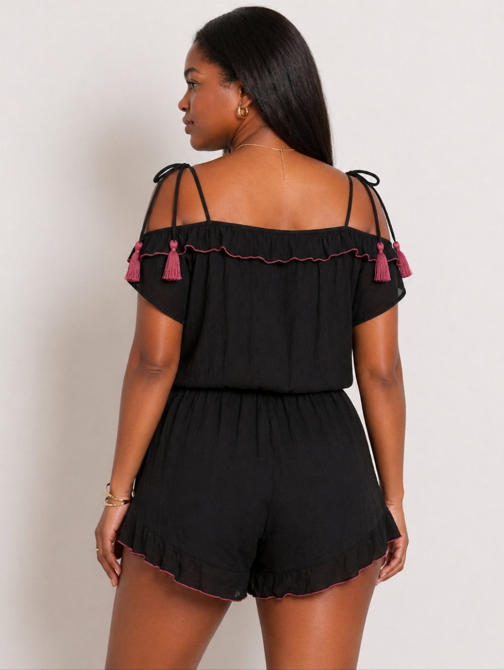 NWT Black Off-Shoulder Print Romper with Tassel Detail Size L - Picture 3 of 3